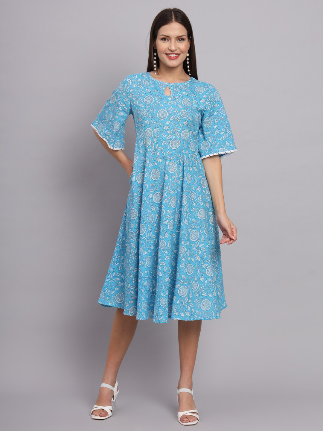 DECKEDUP Keyhole Neck Floral Printed Lace-Up Detail Flared Sleeve Cotton Midi Dress