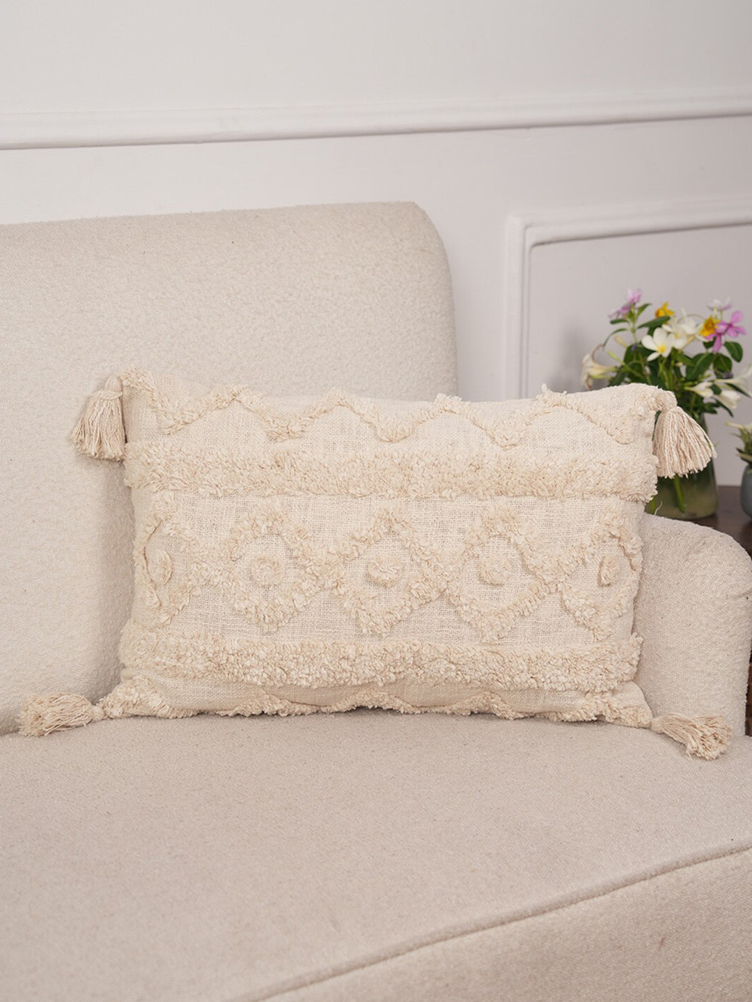 Art Avenue Cream-Coloured Self Design Cotton Rectangle Cushion Cover