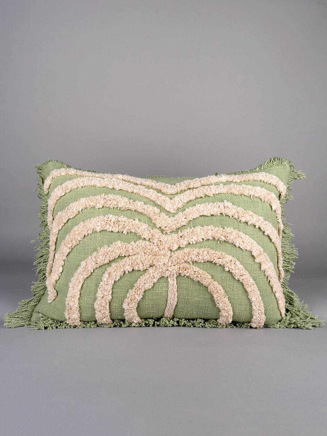 Art Avenue White & Green Self Design Rectangle Cushion Cover
