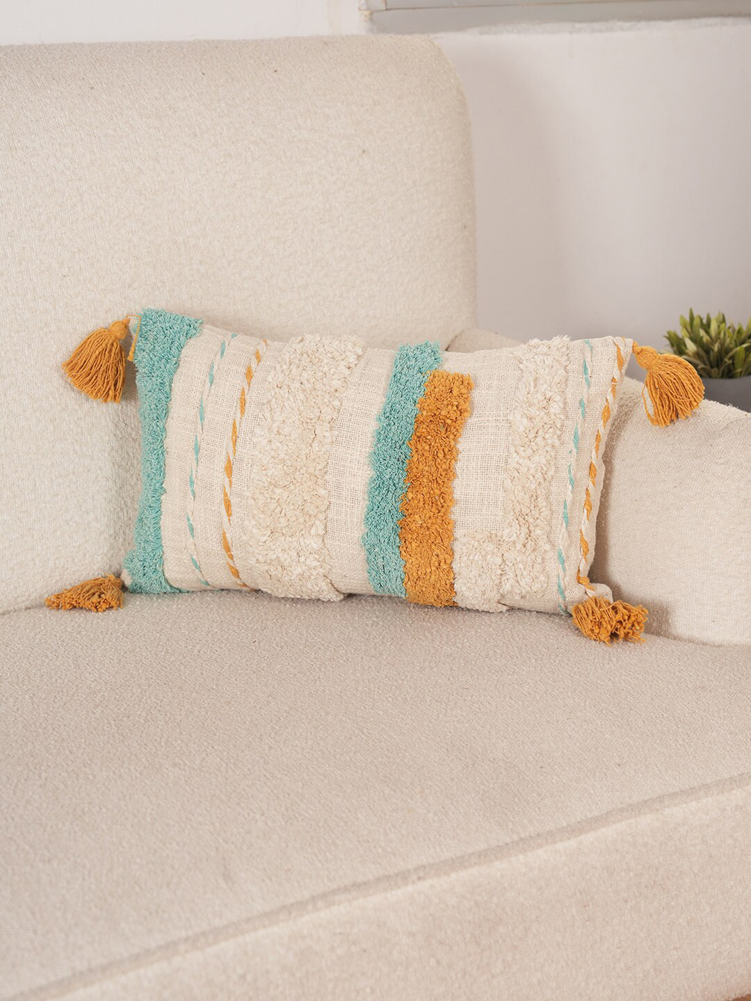 Art Avenue Cream-Coloured & Blue Self Design Rectangle Cushion Cover