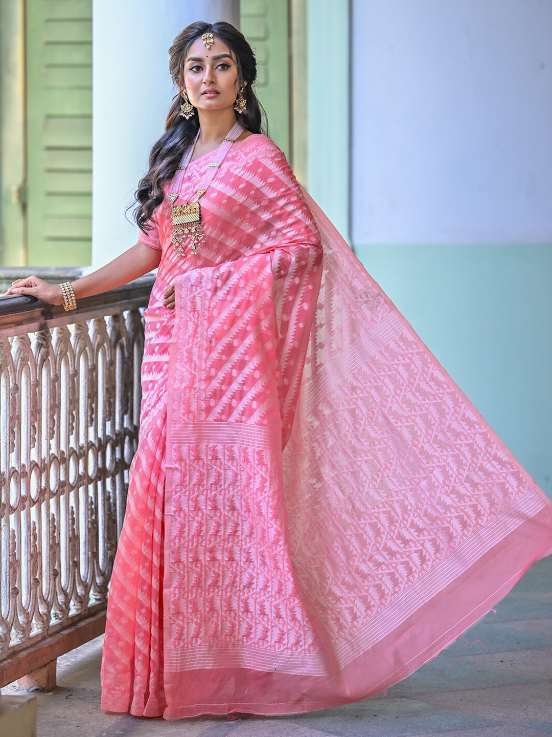 Anouk Rustic Pink & White Striped Art Silk Chanderi Saree