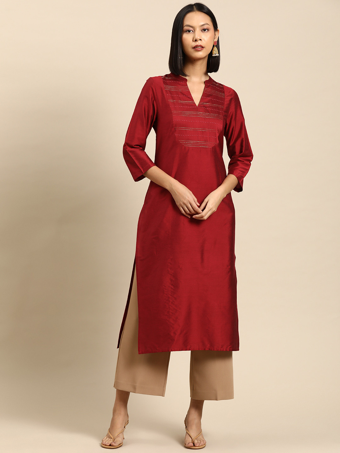 all about you Striped Embroidered Kantha Work Mandarin Collar Kurta