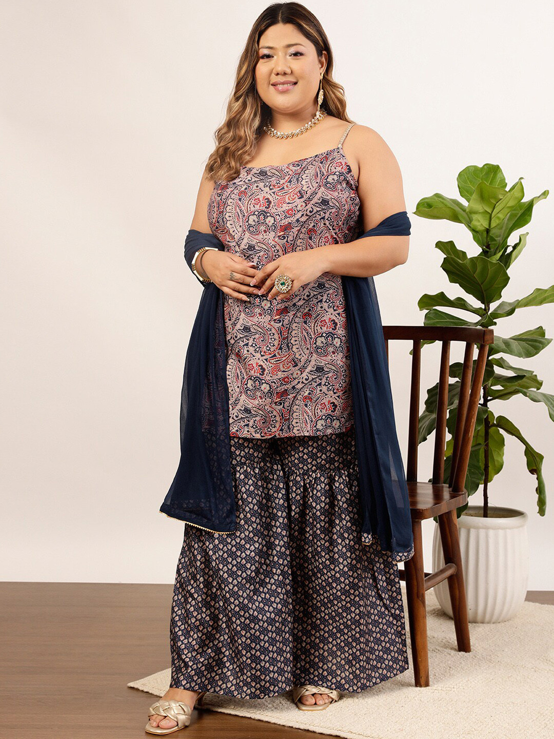 indo street Plus Size Ethnic Motifs Printed Sequined Kurti with Sharara & Dupatta