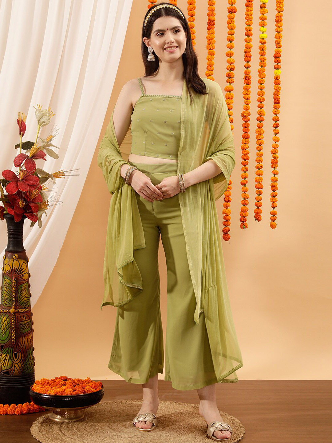 indo street Embellished Crop Top & Palazzos Co-Ord Set
