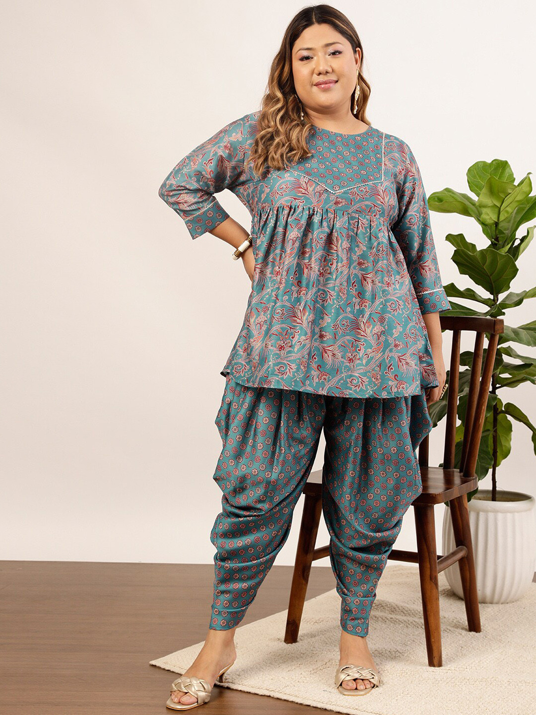 indo street Plus Size Floral Printed Sequin A-Line Fusion Kurti with Dhoti Pants