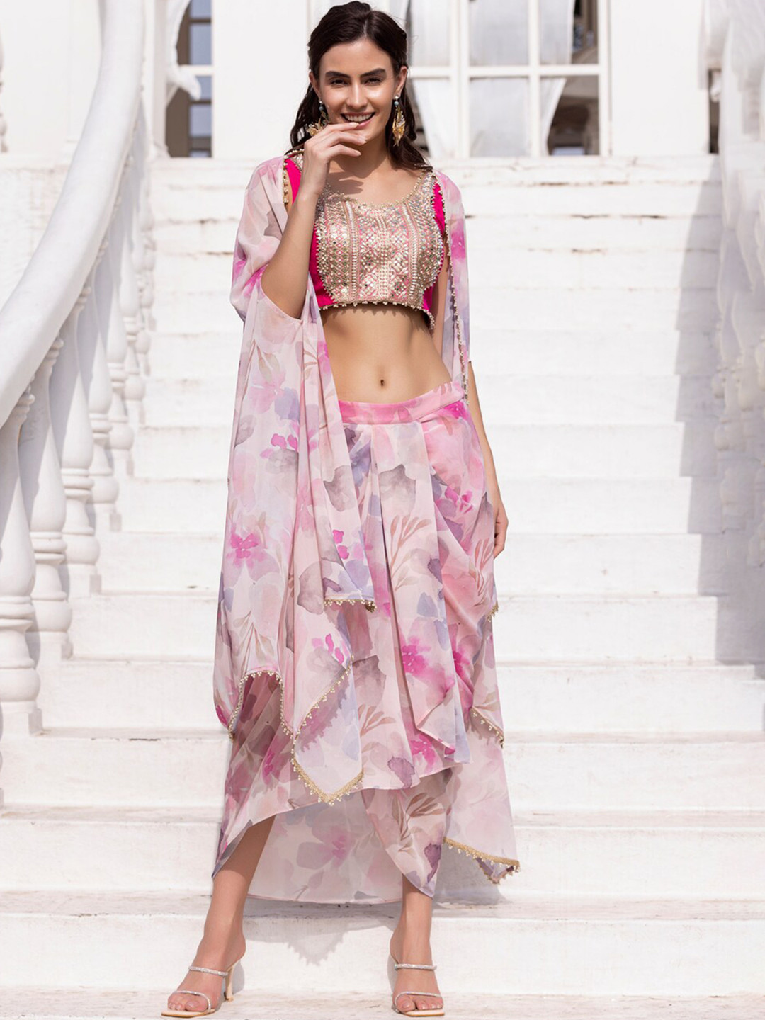 MABISH LUXE Floral Printed Regular Beads and Stones Top with Skirt  & Shrug