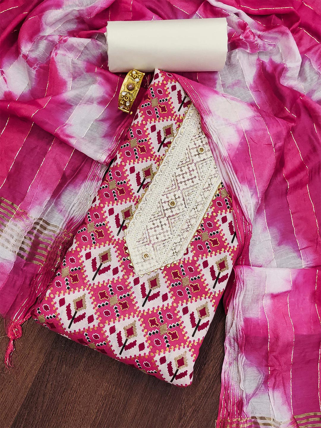 KALINI Geometric Embroidered Mirror Work Unstitched Dress Material