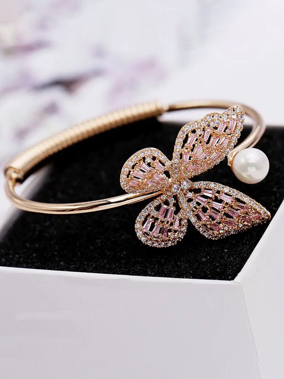 YouBella Gold-Plated Beaded Butterfly Pattern Cuff Bracelet