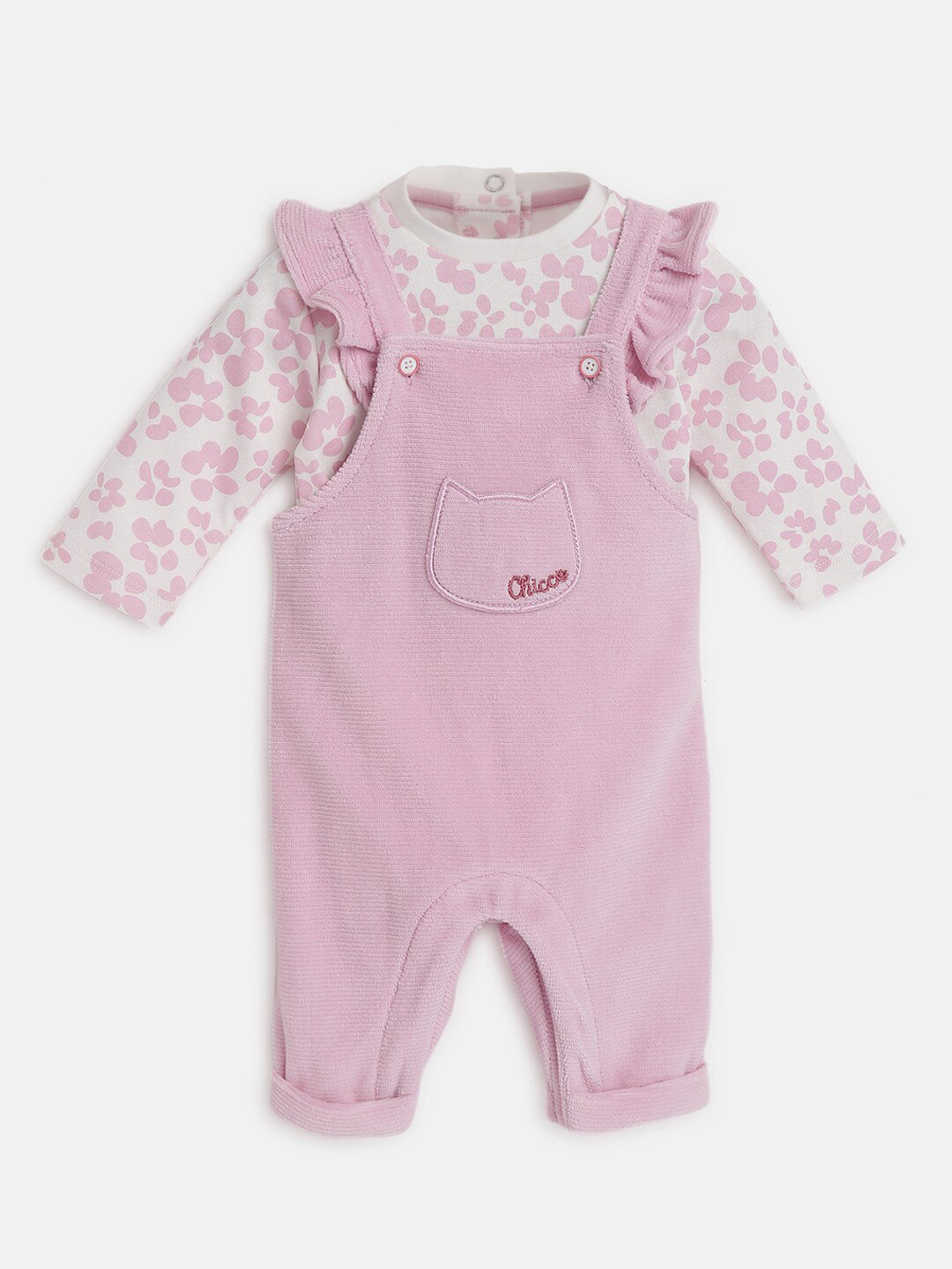 Chicco Infant Girls Floral Printed Pure Cotton Bodysuit With Dungaree