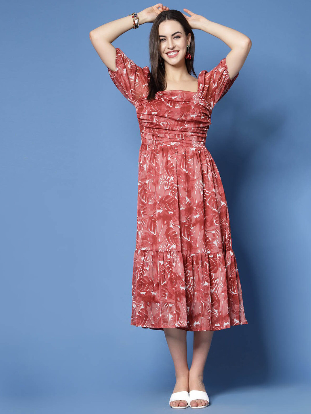 plusS Maroon Floral Print Puff Sleeve Fit & Flare Midi Dress