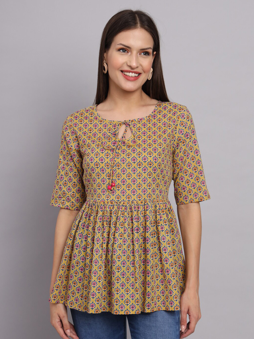 DECKEDUP Ethnic Motifs Printed Gathered Or Pleated Cotton A Line Top