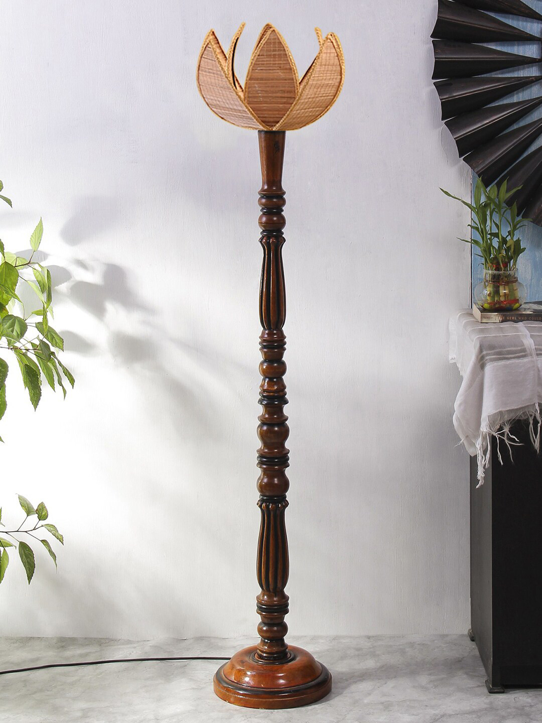 Devansh Beige Textured Bamboo Rose Floor Lamp
