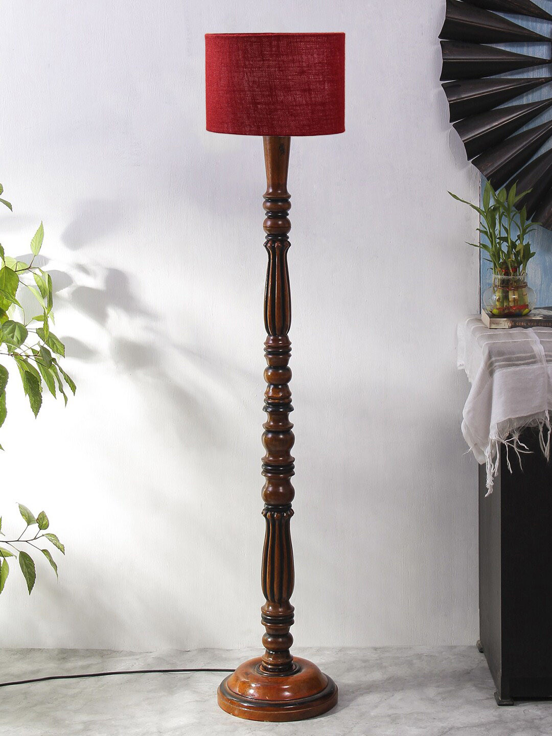 Devansh Maroon & Brown Textured Wooden Floor Lamp With Jute Shade