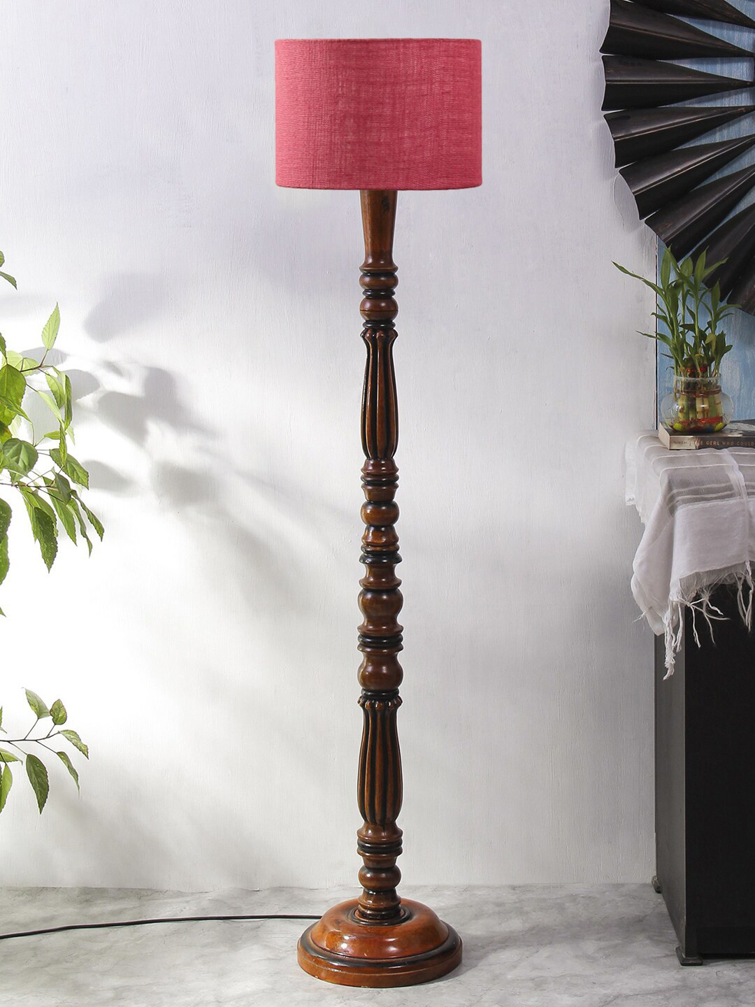 Devansh Pink & Brown Textured Wooden Floor Lamp With Cotton Shade