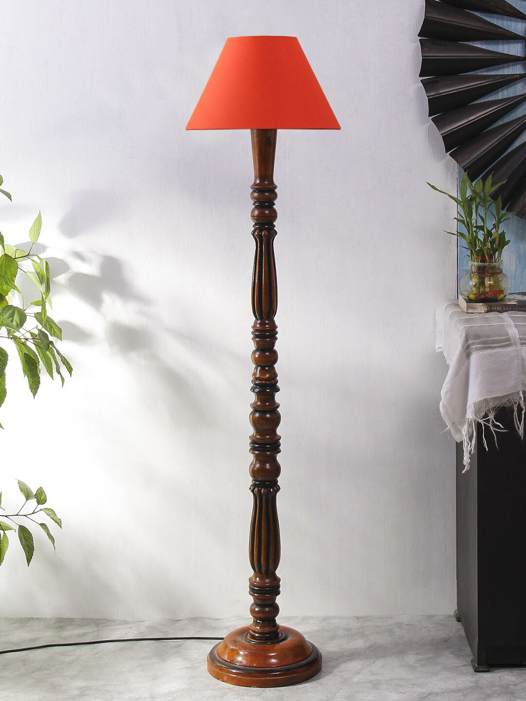 Devansh Orange & Brown Textured Wooden Floor Lamp With Cotton Shade