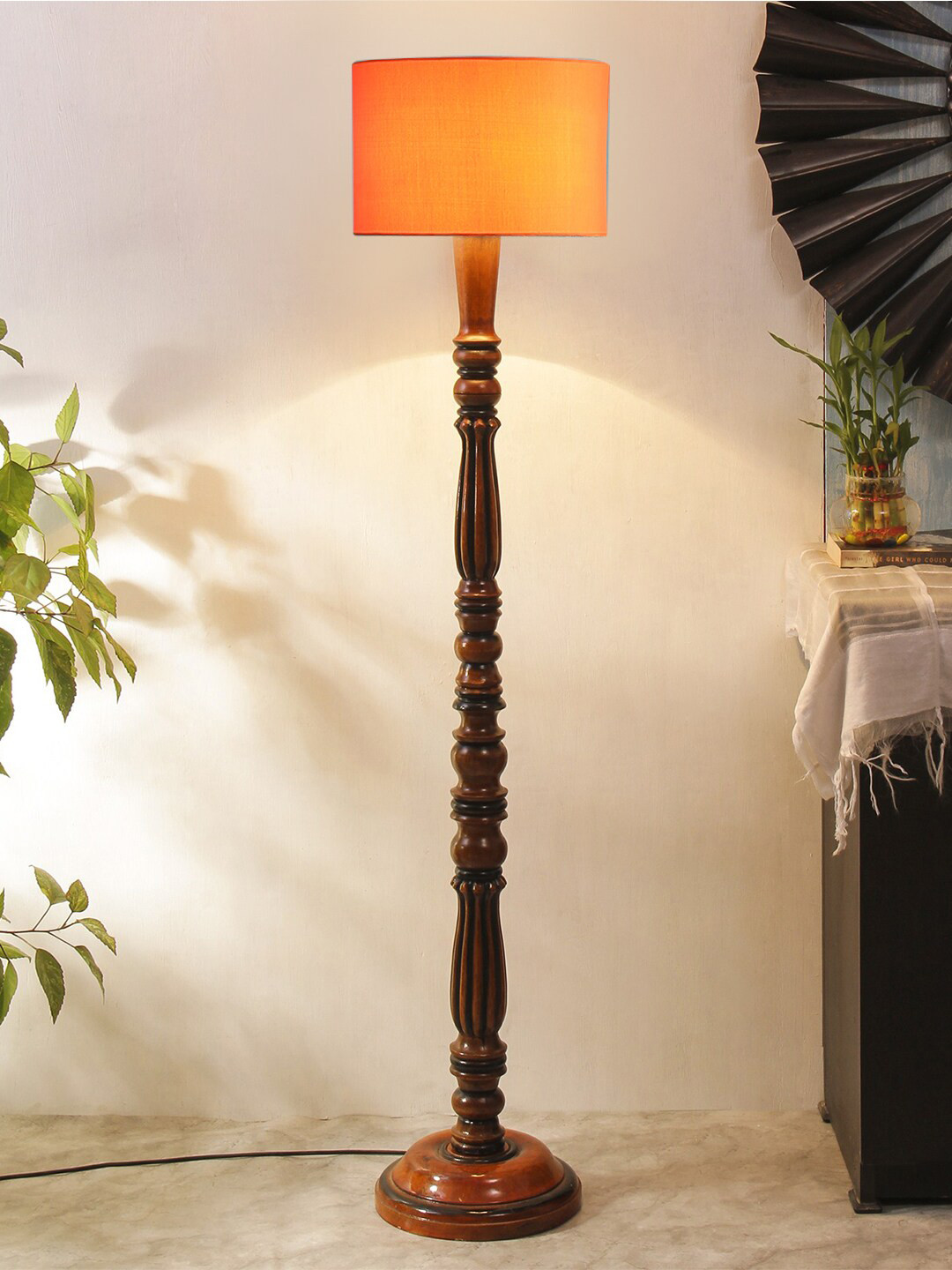 Devansh Orange-Coloured & Brown Textured Wooden Floor Lamp With Cotton Shade