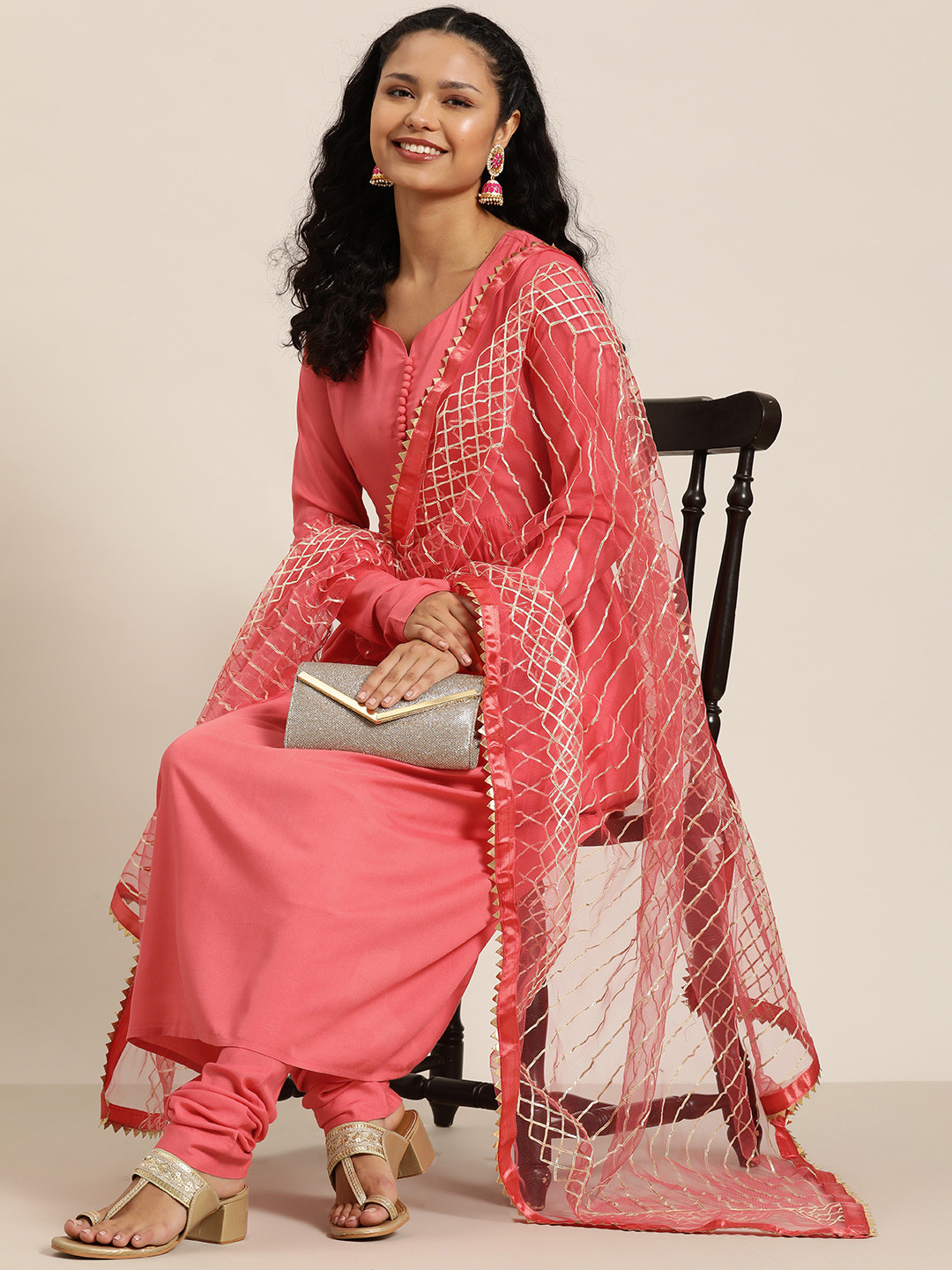 HERE&NOW Women A-Line Kurta with Churidar & Gotta Patti Dupatta