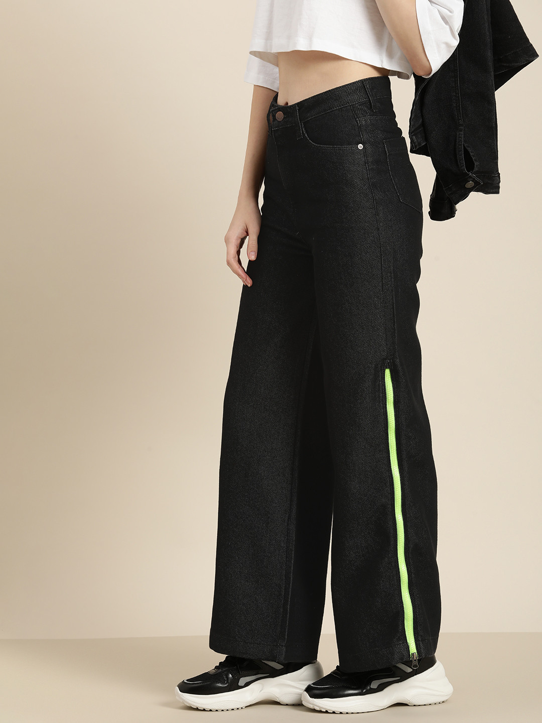 HERE&NOW Women Wide Leg High-Rise Zip Detail Stretchable Jeans