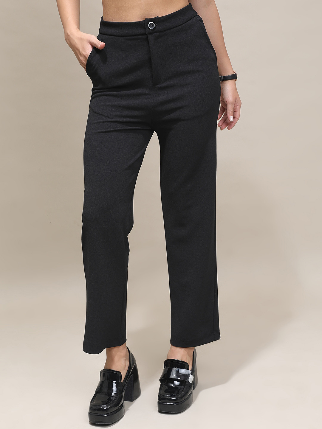 Tokyo Talkies Women Plain Flat-Front Mid-Rise Trousers