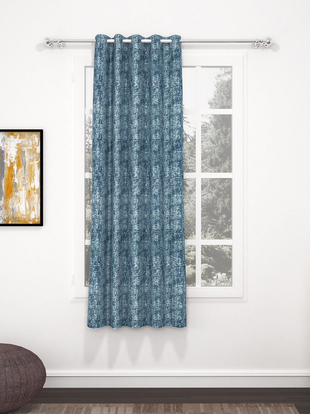 Bedspun Raga Blue & Silver-Toned Abstract Window Curtain