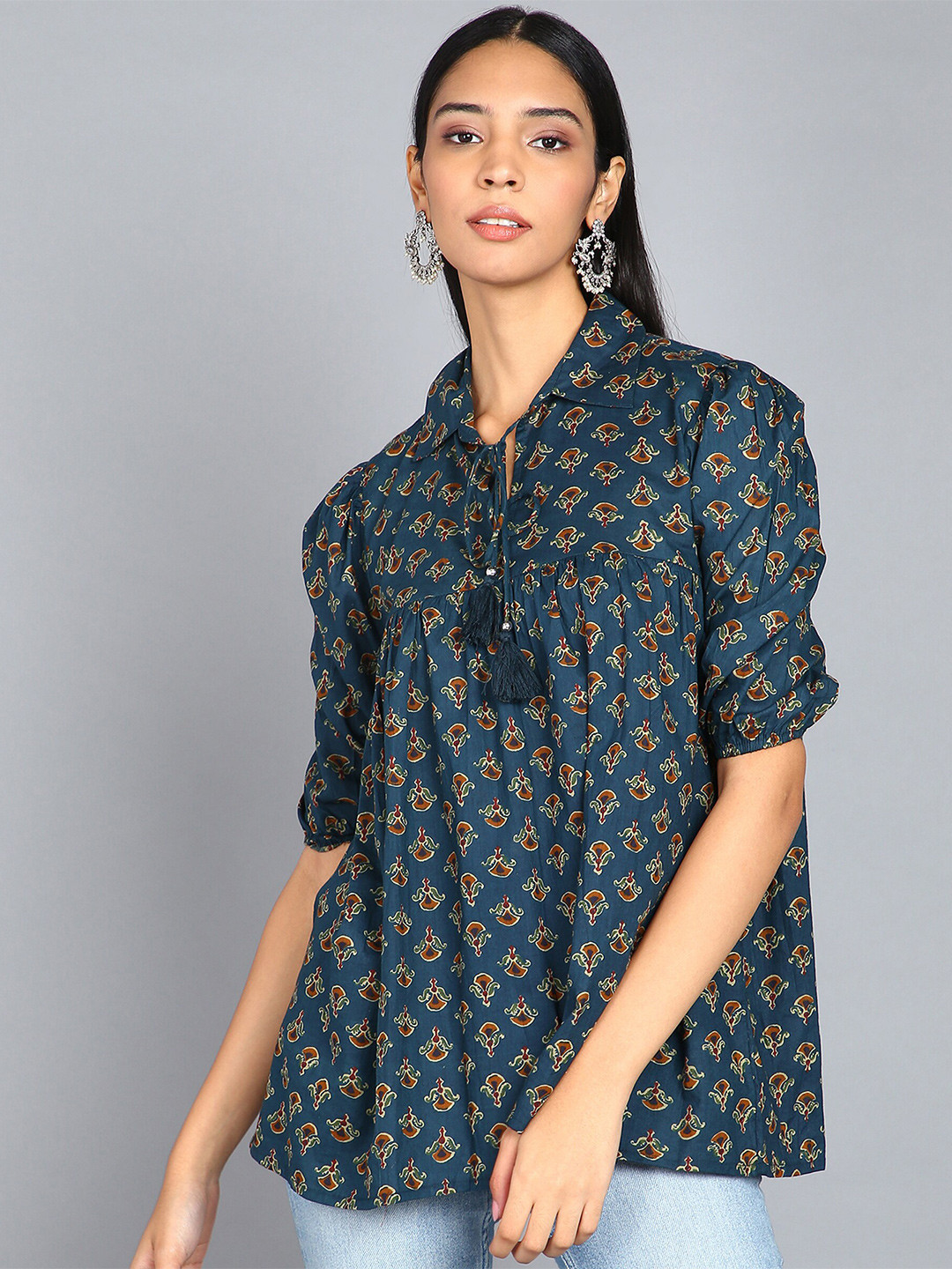 BLOCKS OF INDIA Ethnic Motifs Printed Tie-Up Neck Puff Sleeve Cotton A-Line Top