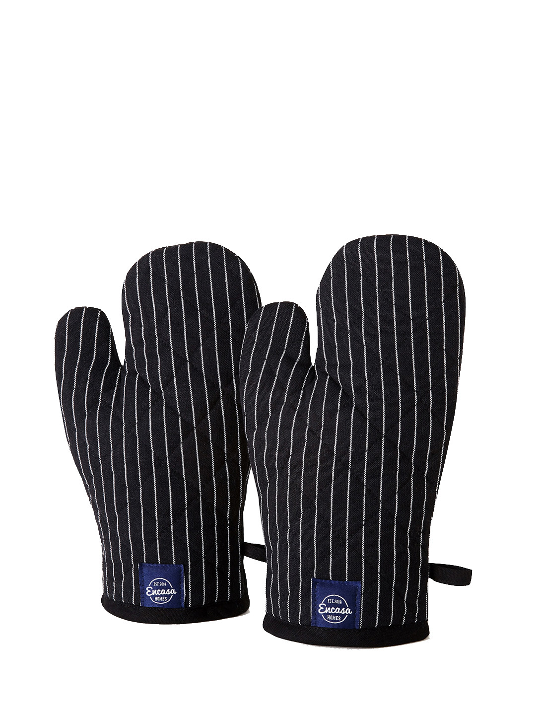 Encasa Homes Black 2 Pieces Striped Pure Cotton Butcher Oven Gloves