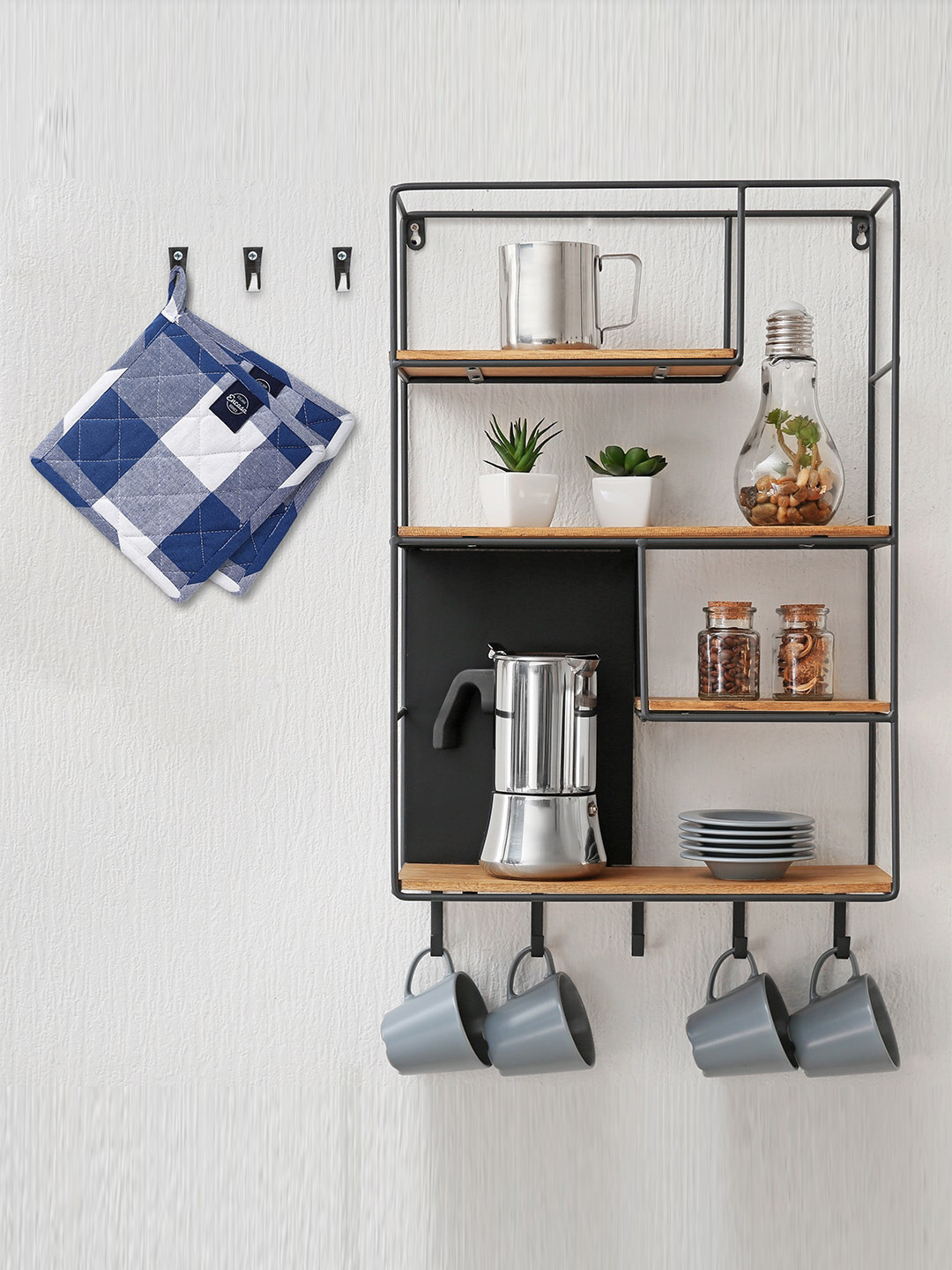 Encasa Homes 2 Pcs Blue & White Buffalo Checked Pot Holders