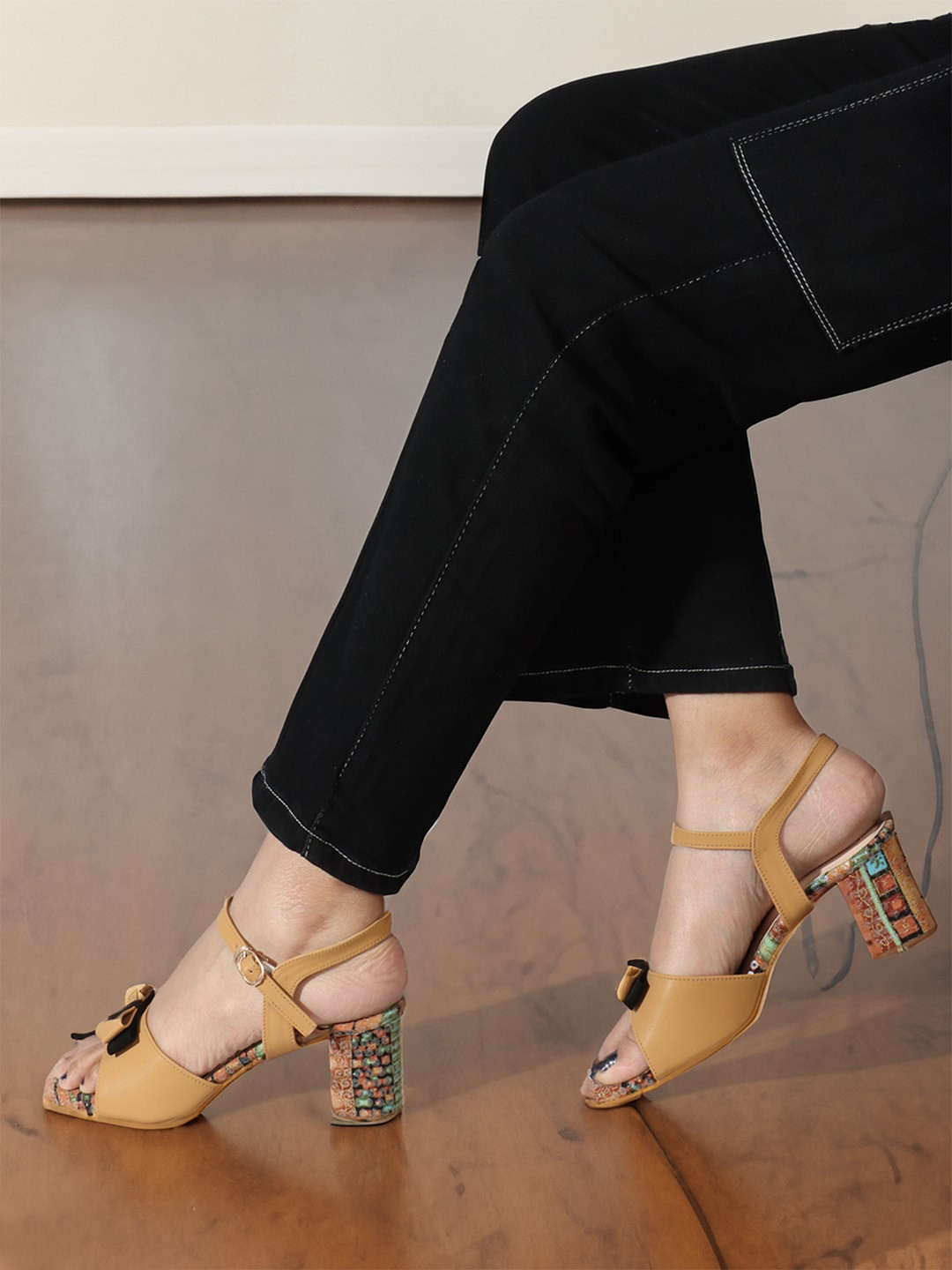 ELLE Printed Bow Detailed Block Heels