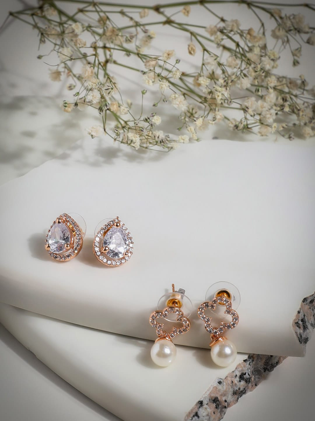 AccessHer Rose Gold Plated American Diamond Studded Teardrop Shaped Studs Earrings