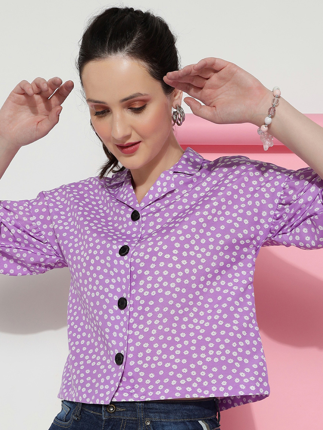 CLEMIRA Floral Printed Drop Shoulder Shirt Style Top