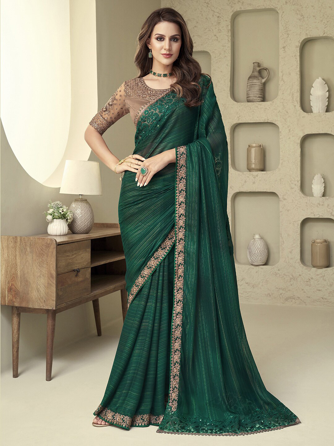 Mitera Green & Gold-Toned Striped Beads and Stones Poly Georgette Saree