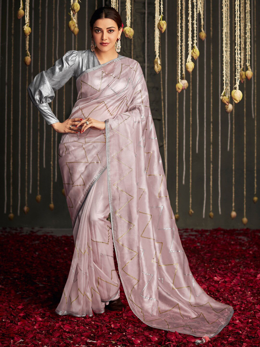 Mitera Rose Gold & Gold-Toned Beads and Stones Silk Blend Saree