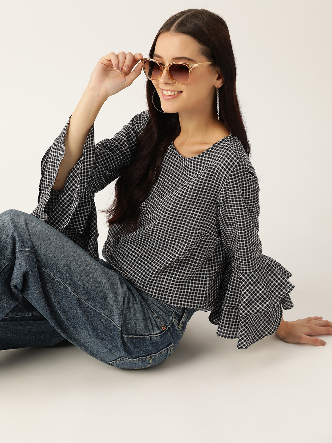 Mast & Harbour Checked Bell Sleeves Cotton Top
