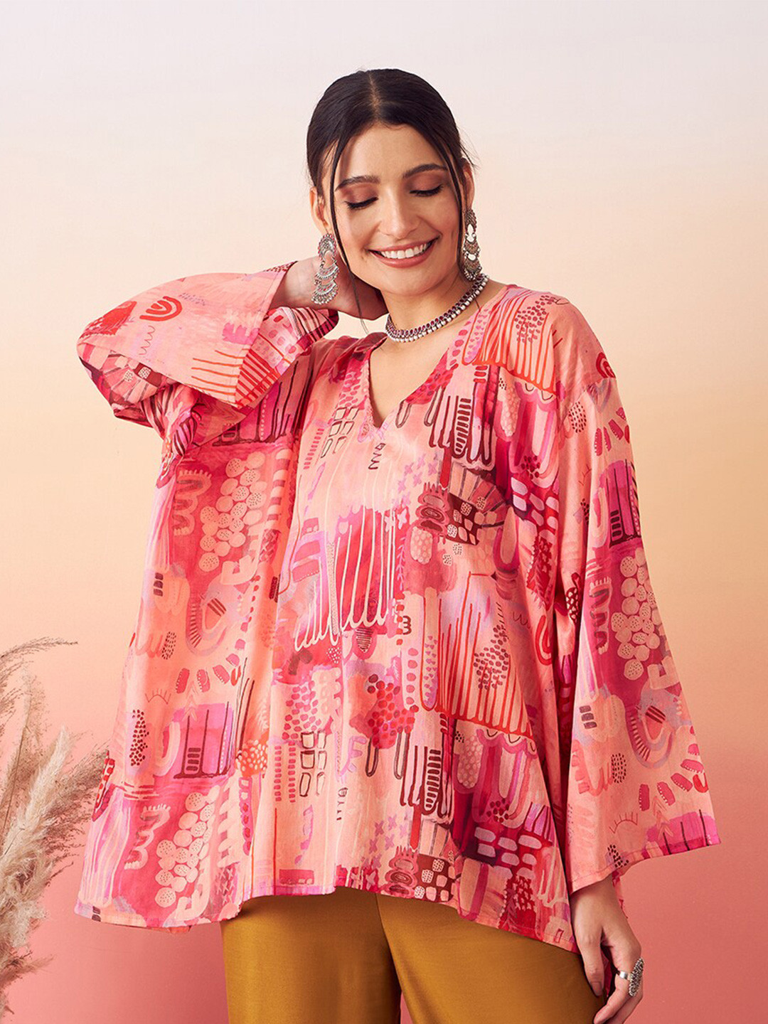 InWeave Abstract Printed Kimono Sleeves Boxy Top