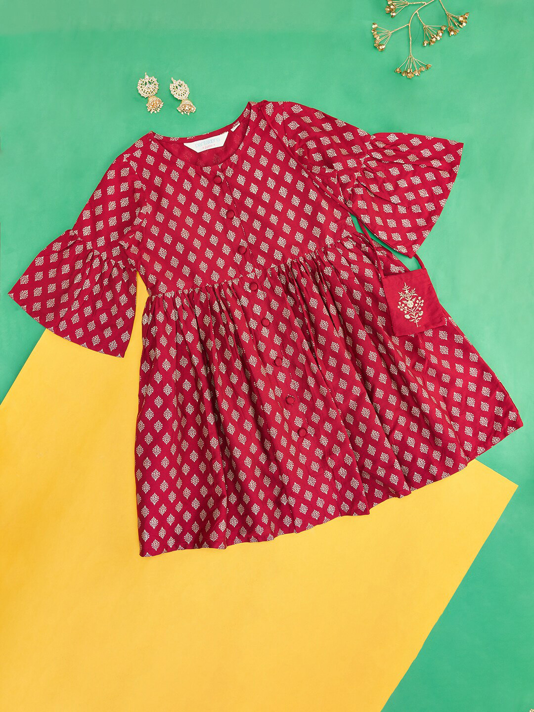 AKKRITI BY PANTALOONS Girls Ethnic Motifs Printed Flared Sleeves Gathered A-Line Dress