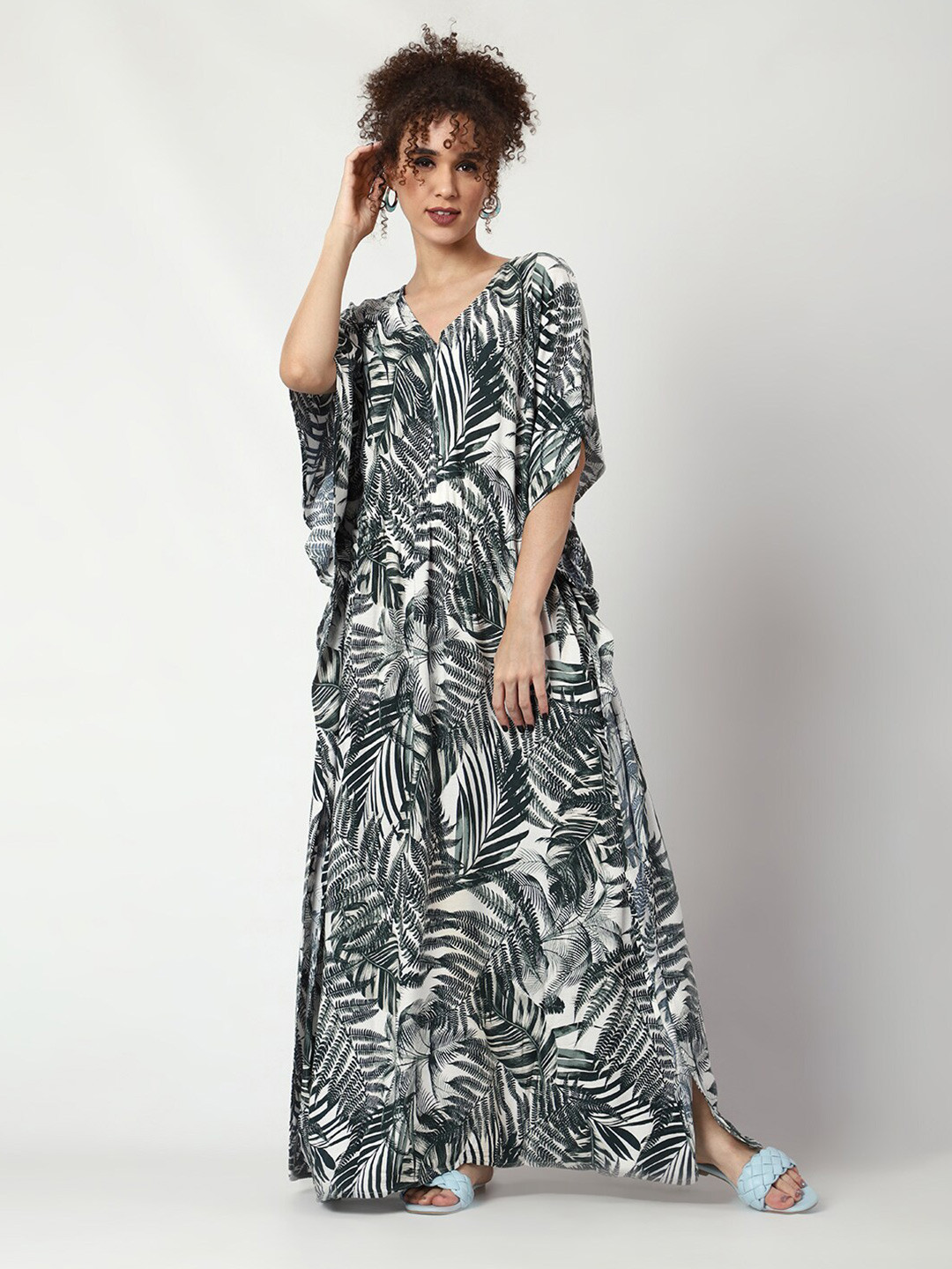 CRAFTBAZAR Tropical Printed V-Neck Maternity Kaftan Dress