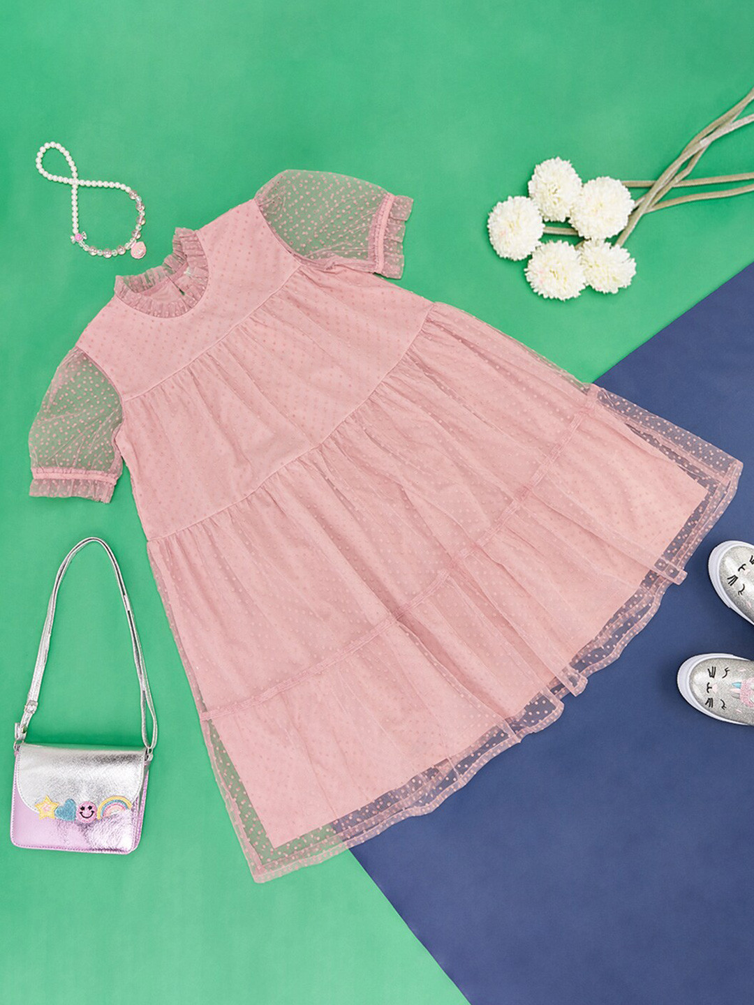 Pantaloons Junior Girls Self Design High Neck A-Line Dress