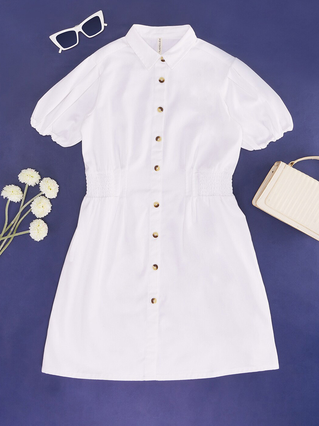 Pantaloons Junior Girls Shirt Collar Puff Sleeves Cotton Shirt Dress