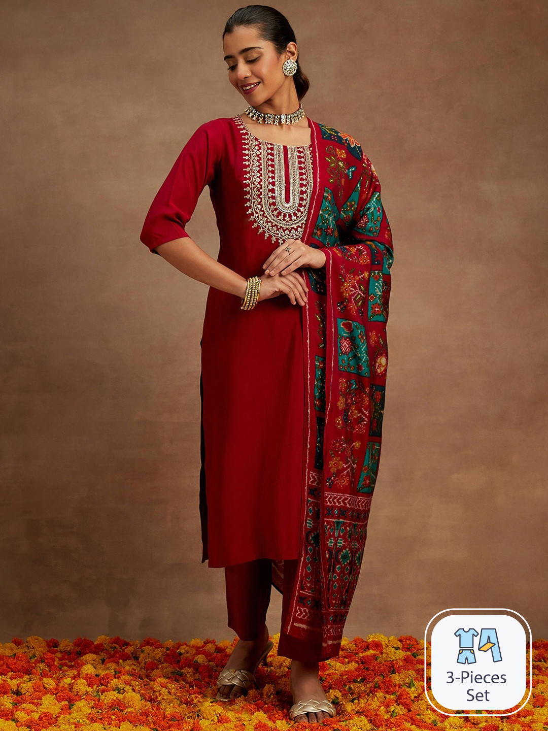 Libas Pink Ethnic Yoke Design Regular Sequinned Kurta & Trousers With Dupatta