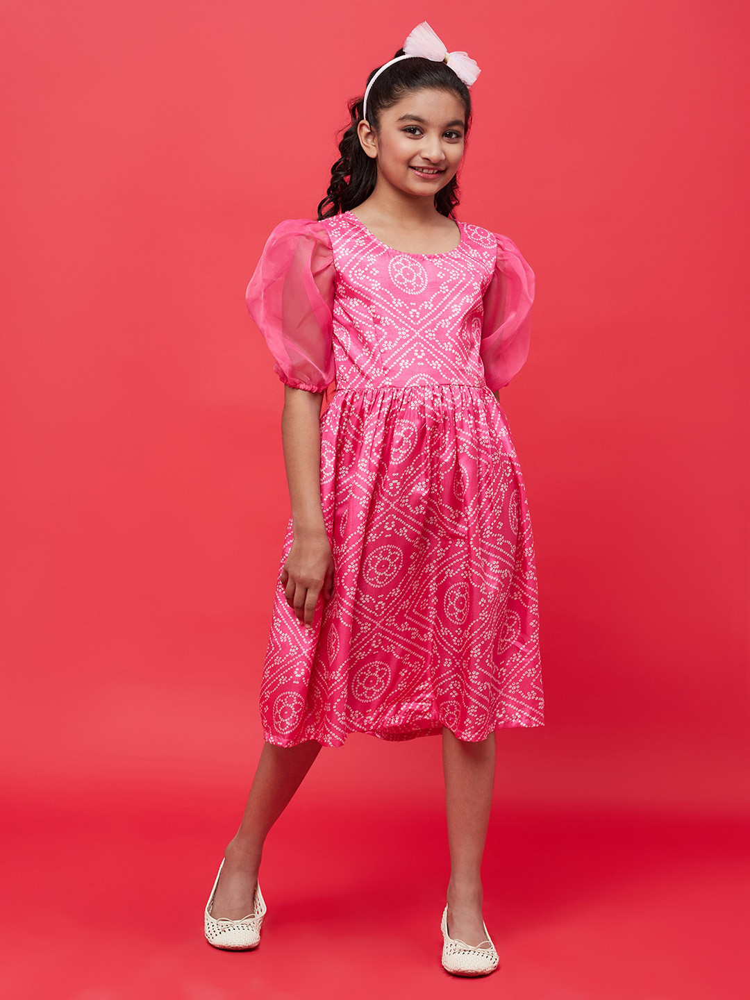 Aks Kids Girls Ethnic Motifs Bandhani Printed Puff Sleeve Fit & Flare Dress