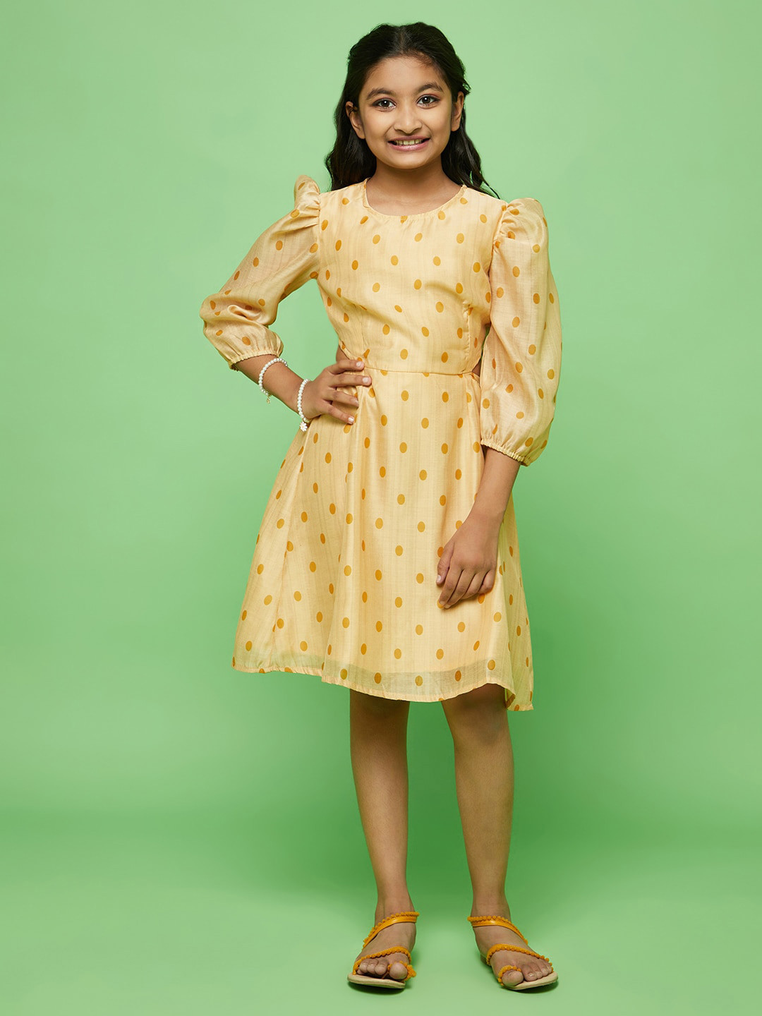 Aks Kids Girls Polka Dot Printed Puff Sleeve Modal A-Line Dress