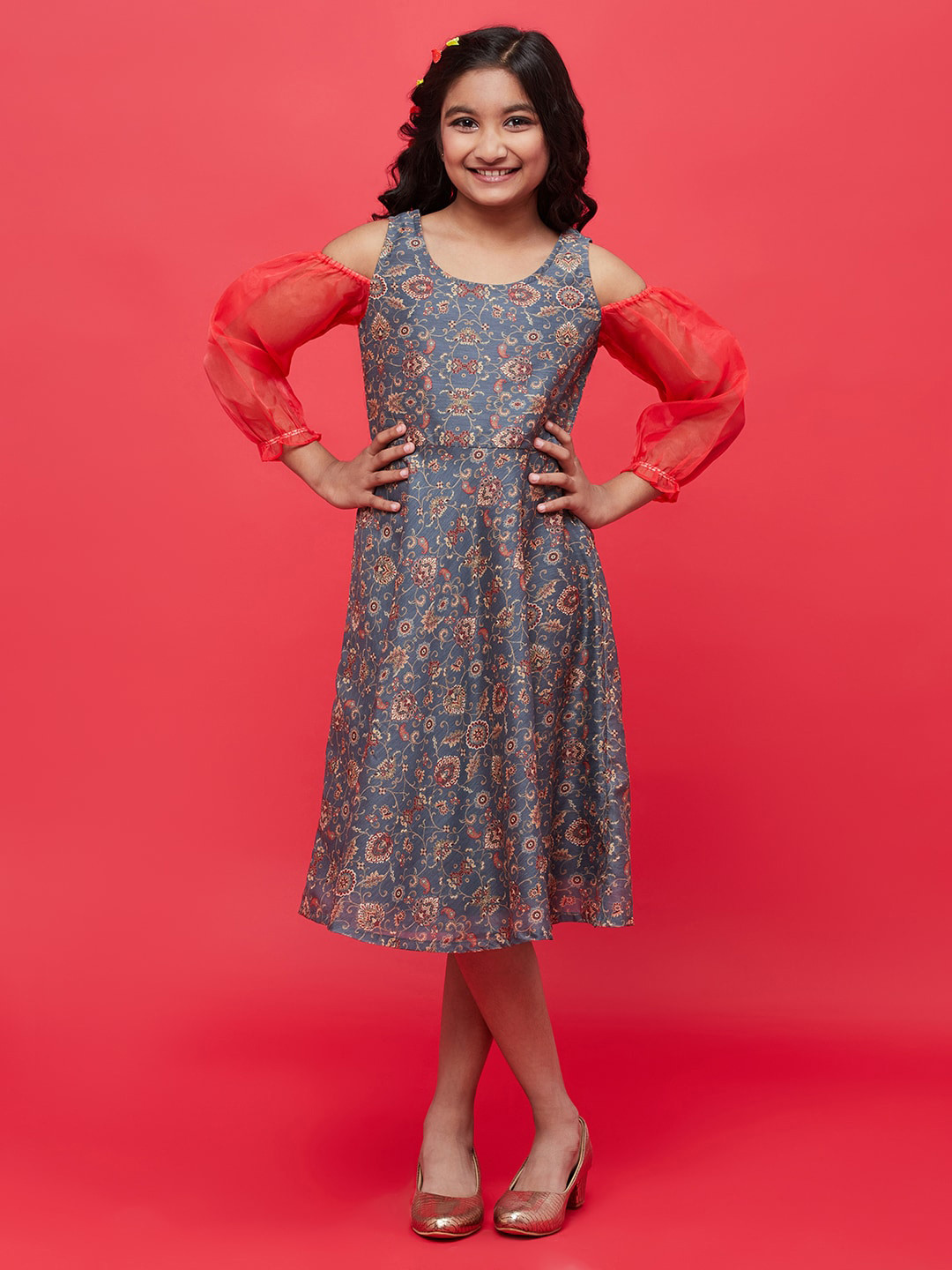 Aks Kids Girls Ethnic Motifs Printed Cold-Shoulder Modal A-Line Dress