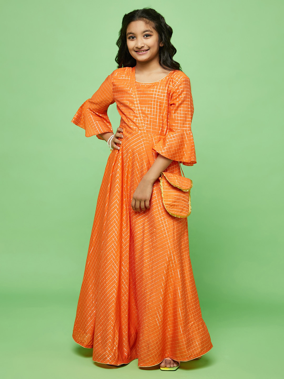 Aks Kids Girls Checked Bell Sleeves Maxi Ethnic Dress With Bag