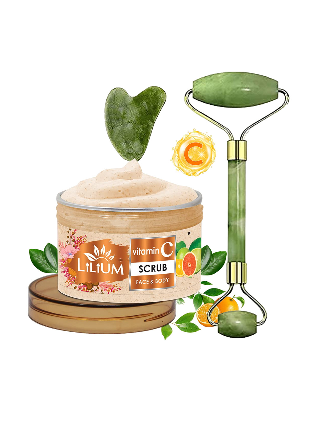 Lilium Vitamin C Face & Body Scrub - 250g & Double Side Face Roller With Guasha