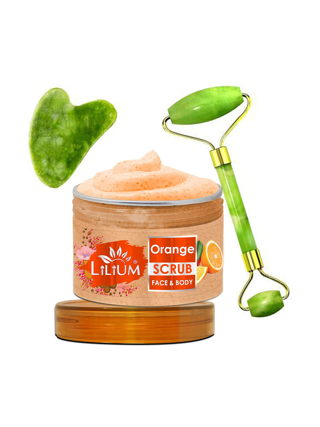 Lilium Orange Face & Body Scrub - 250g & Double Side Face Roller With Guasha