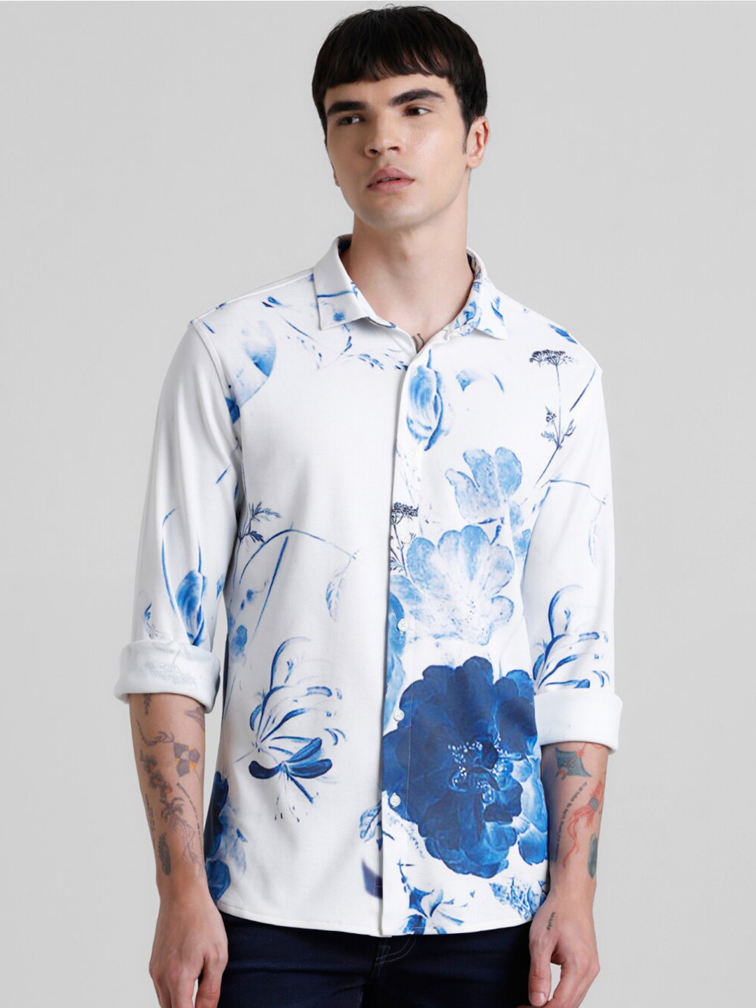 Jack & Jones Floral Print Spread Collar Cotton Casual Shirt
