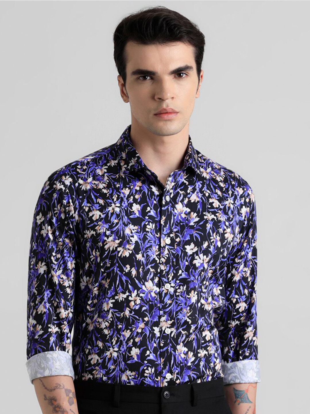 Jack & Jones Floral Print Spread Collar Long Sleeve Slim Fit Cotton Casual Shirt