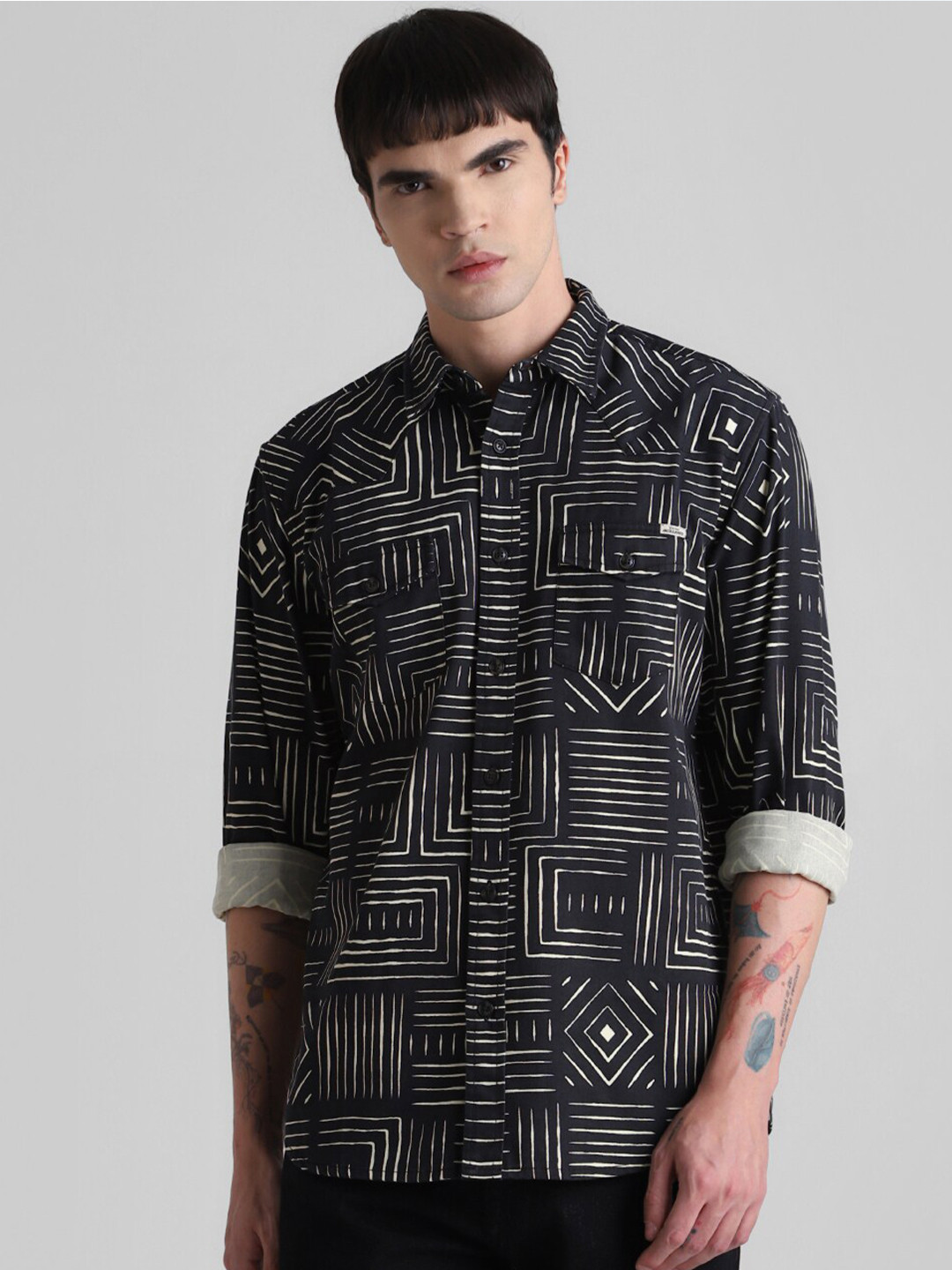 Jack & Jones Geometric Print Spread Collar Cotton Casual Shirt