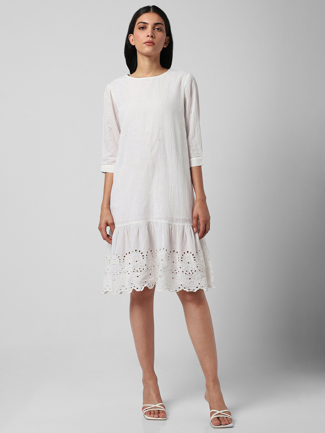 Van Heusen Woman Schiffli Self Design Round Neck Cotton A-Line Dress