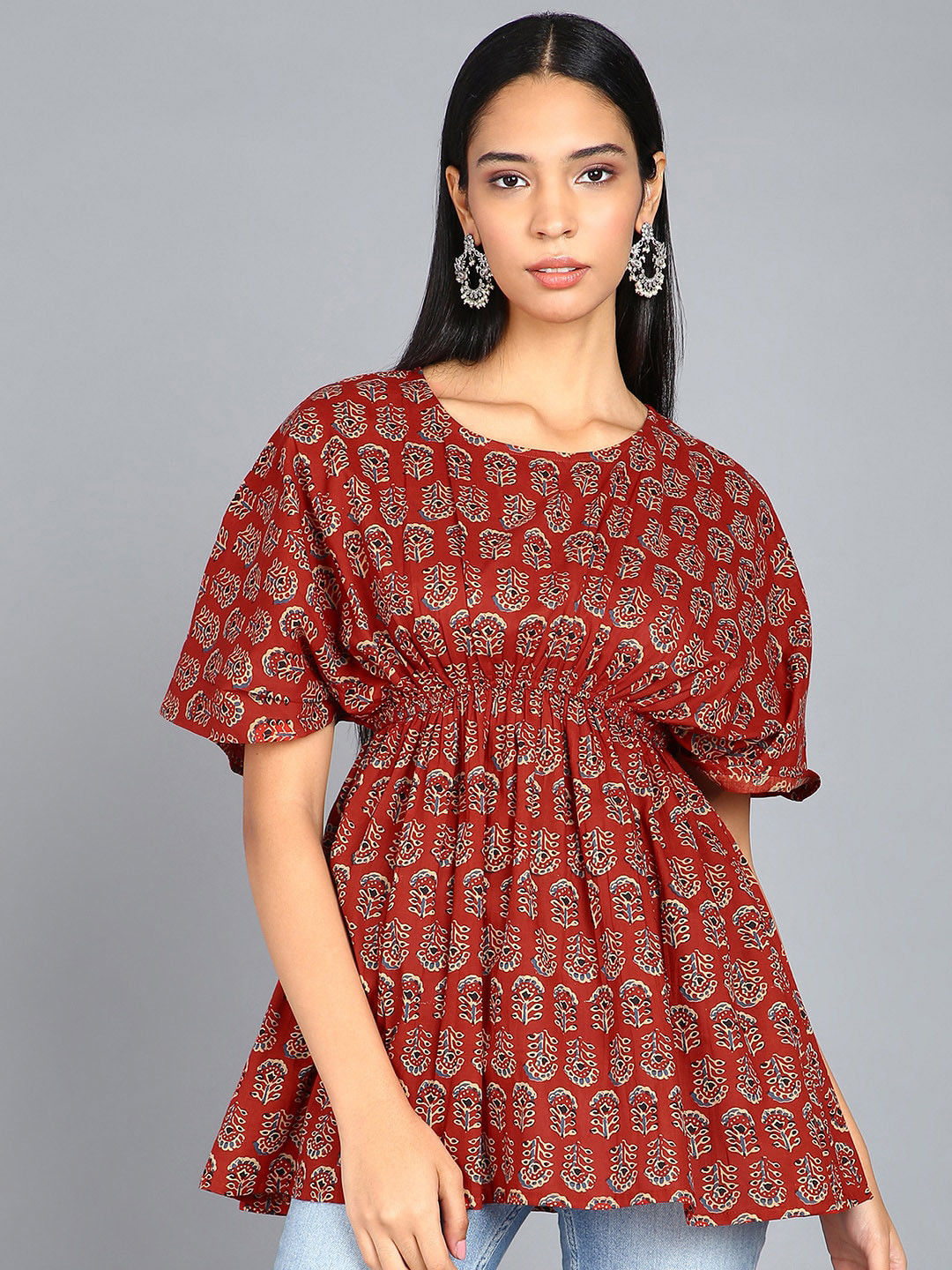 BLOCKS OF INDIA Ethnic Printed Extended Sleeve Pure Cotton Empire Top
